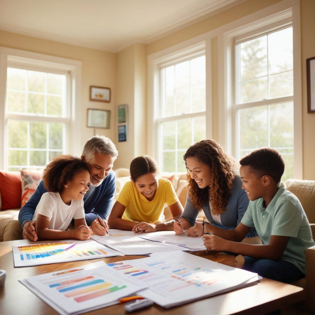 A warm, inviting family scene depicting parents with children, happily reviewing health and life insurance documents in a cozy living room. In the background, a whiteboard outlines strategies in colorful markers, symbolizing careful planning and security. Sunlight streams through the window, creating a sense of hope and safety. Super-realistic. Vibrant colors. Cozy indoor setting.