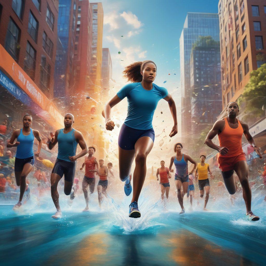 A dynamic scene featuring diverse athletes engaging in various sports like running, cycling, and swimming, each surrounded by symbolic representations of insurance, such as a shield or a safety net. The background should showcase a vibrant urban landscape, capturing the energy of athletic pursuits. The athletes should demonstrate determination and focus, promoting the idea of protection in their passions. Bright colors and a sense of action convey excitement and security. super-realistic. vibrant colors. 3D.